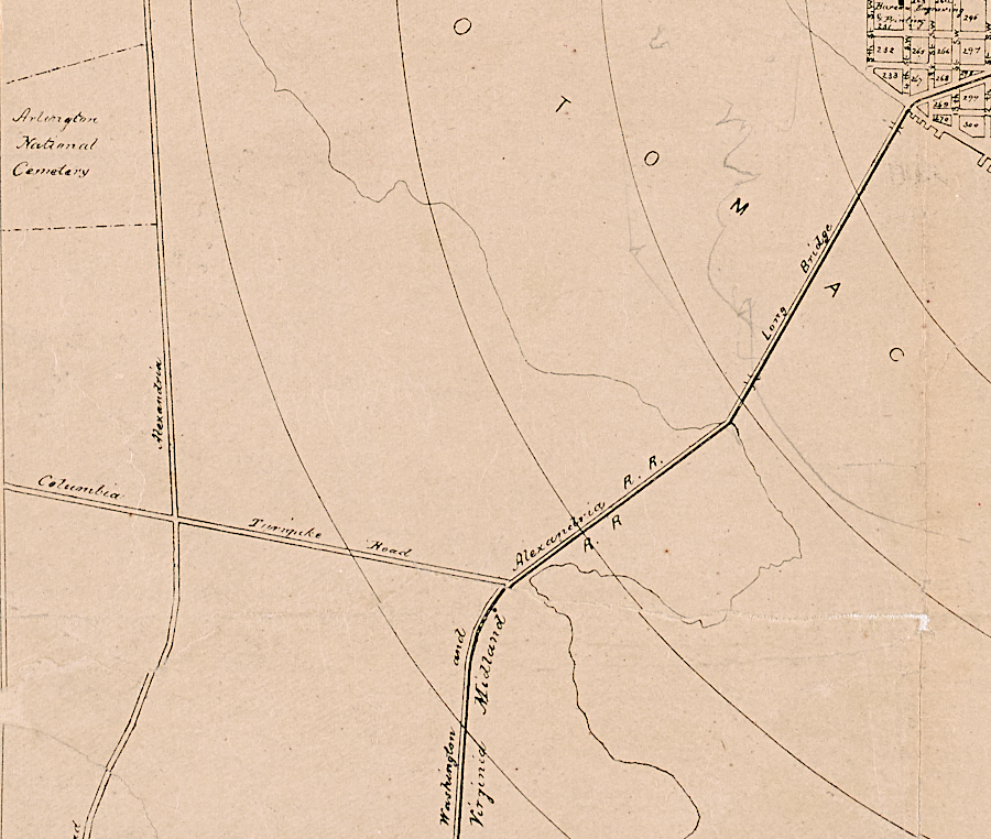 until 1904, the one railroad bridge over the Potomac River near Alexandria was part of or parallel to the highway bridge for wagons