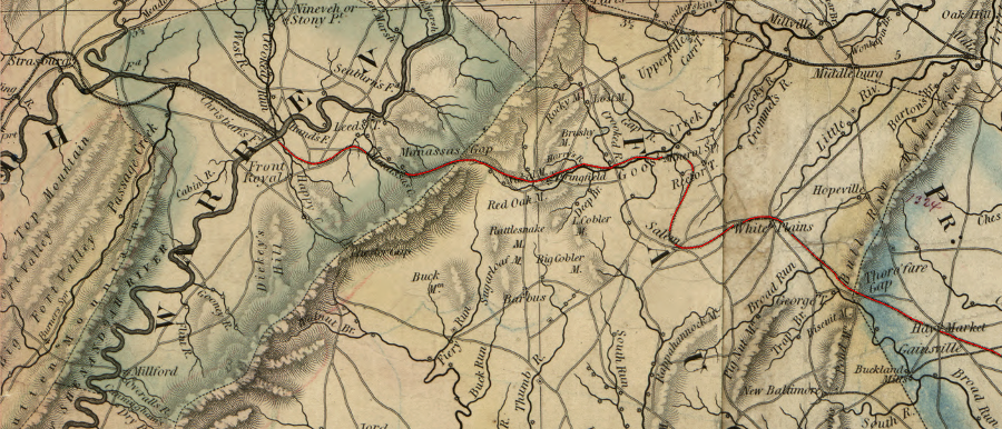 the Manassas Gap Railroad was constructed in the 1850's through the low points in the Blue Ridge (Thoroughfare Gap in the east near Haymarket, then across Fauquier County to Manassas Gap in the west near Front Royal) to link Alexandria with the Shenandoah Valley