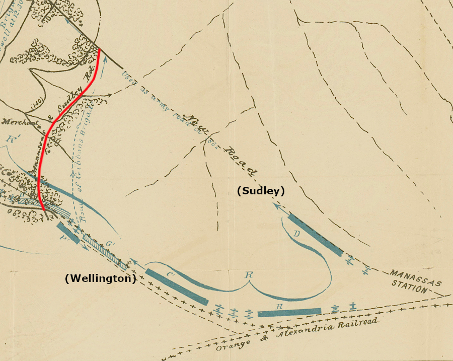 in August, 1862, Union forces marched via what is now Rixlew Lane (red line) betwween modern Wellington and Sudley roads to the Second Manassas battle