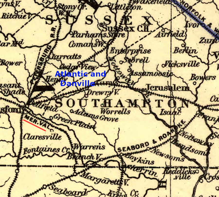 the Meherrin Valley Railroad connected the Seaboard and Roanoke Railroad to Emporia, also served by the Atlantic and Danville Railway and the Petersburg Railroad/Atlantic Coast Line