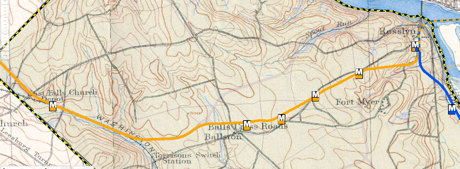 route of Orange Line in Arlington County on 1885 base map