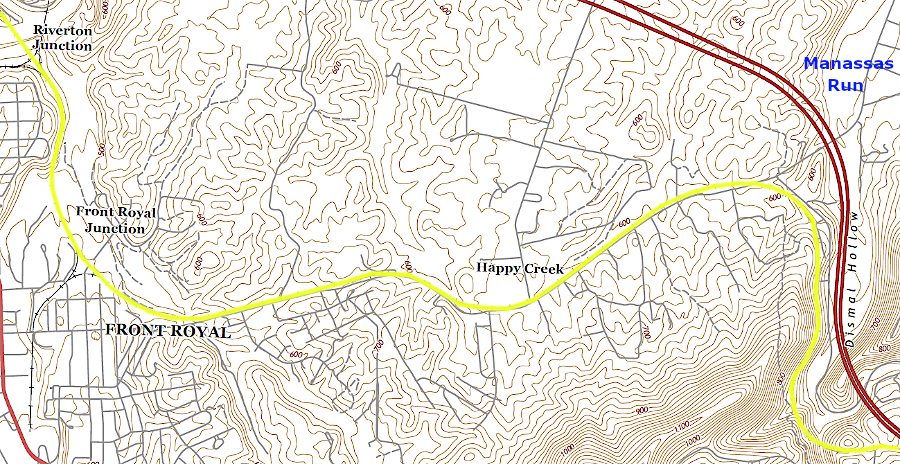 at about 630 feet in elevation, the Manassas Gap Railroad turned west out of the Manassas Run valley towards Front Royal