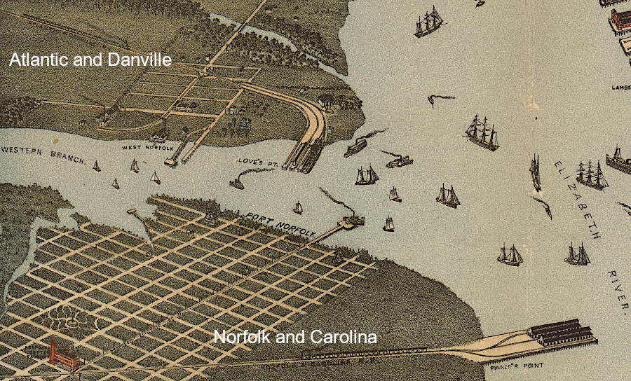 the Norfolk & Carolina and the Atlantic and Danville railroads had Elizabeth River terminals on opposite sides of Western Branch
