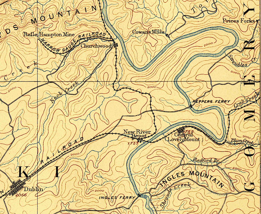 the New River Division of the Norfolk and Western Railroad initially started at New River Depot, opposite the town of Central Depot