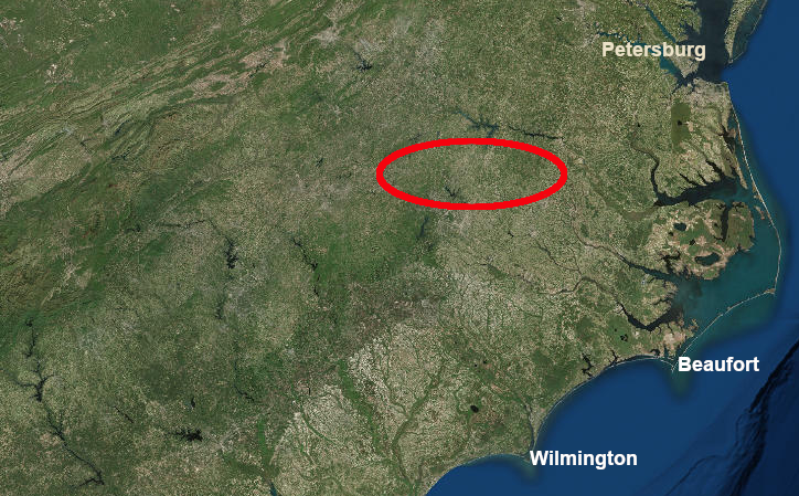 farmers in the northern North Carolina Piedmont (red circle) preferred transporting crops to Petersburg  vs. the North Carolina ports of Beaufort and Wilmington