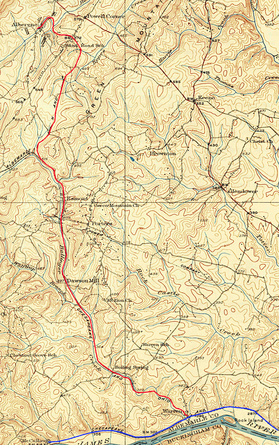 the Alberene Railroad (red) built south to the James River, connecting with the Warren depot of the Chesapeake and Ohio Railroad (blue)
