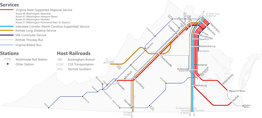 in 2022, passenger rail service between Norfolk-Roanoke required taking a train through Alexandria