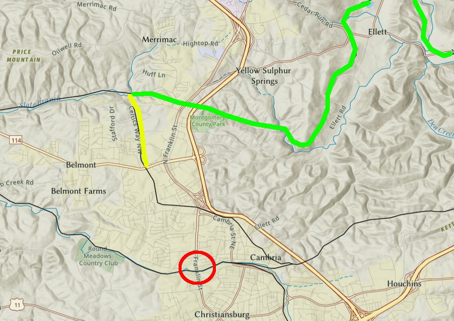 the original Christiansburg location (red circle) was dropped when the state purchased the old Virginian Railway track (green), but a connection (yellow) to the Uptown Christiansburg mall was possible