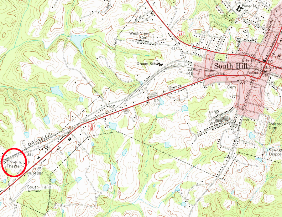 the Norfolk, Franklin & Danville Railway passed by the drive-in theater near South Hill (Mecklenburg County)