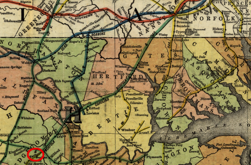 the Norfolk & Carolina Railroad connected to the Wilmington and Weldon at Tarboro, south of the Seaboard and Roanoke connection at Weldon, North Carolina