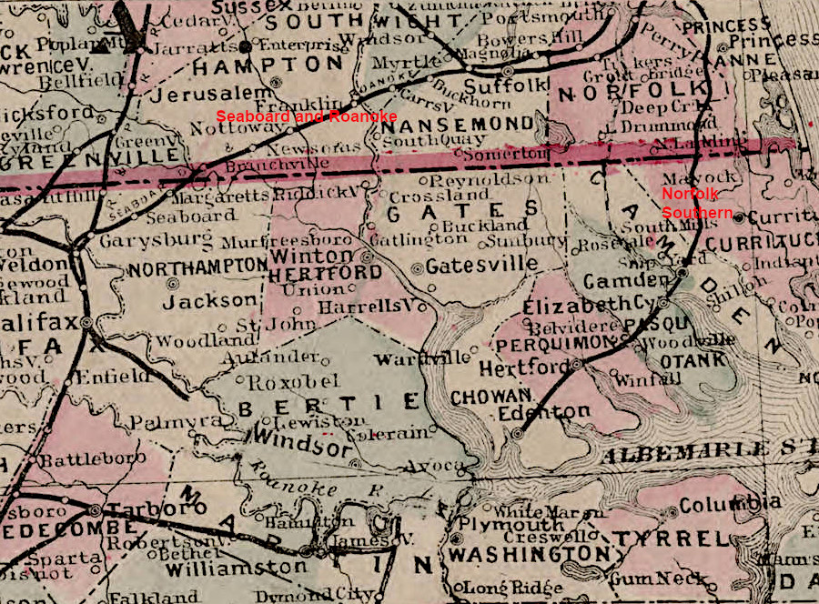 the Norfolk & Carolina Railroad serviced territory between the original Norfolk Southern to the east and the Seaboard and Roanoke Railroad to the north