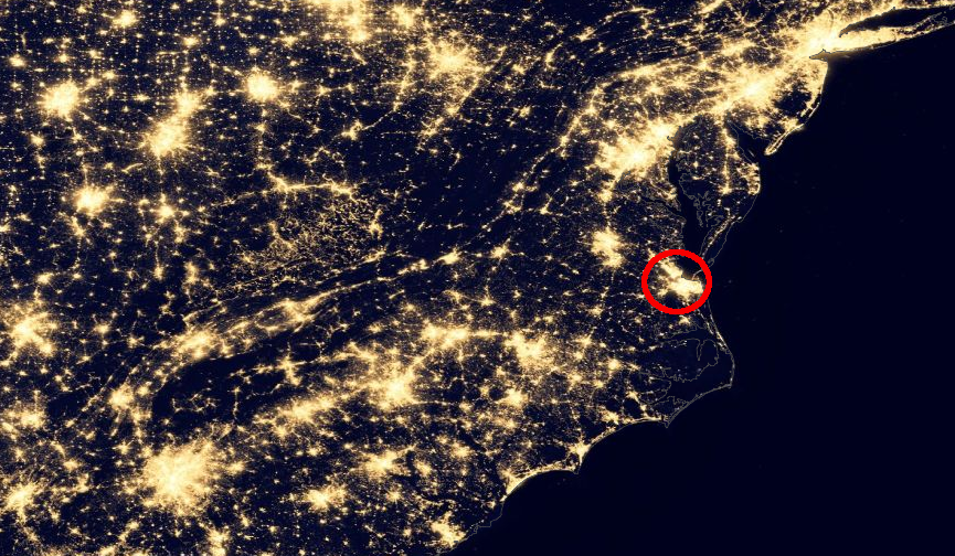 night lights reveal the distance between developed areas in Hampton Roads and I-95 corridor