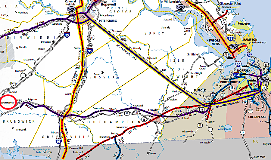 the western end of the Norfolk, Franklin & Danville Railway was at Lawrenceville until 2014