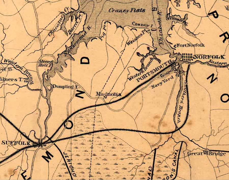 the Norfolk and Petersburg Railroad served the James River watershed, while the Seaboard and Roanoke Railroad catered to the Roanoke River watershed