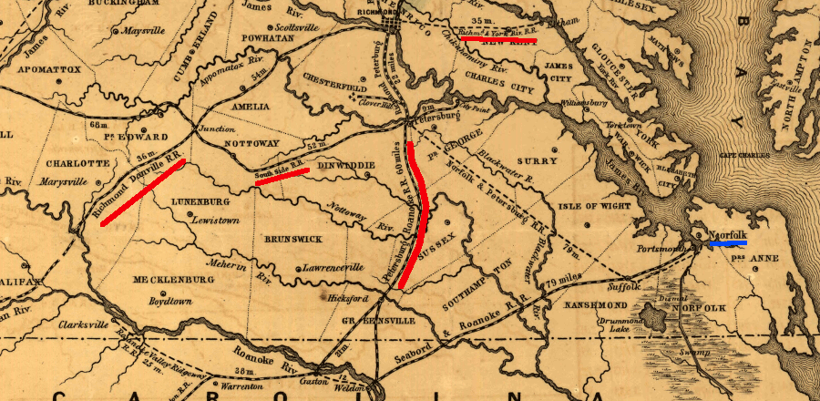 railroads connecting to Richmond/Petersburg and competing with Norfolk, 1852