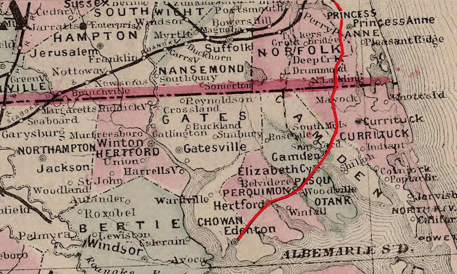 the original Norfolk Southern Railroad connected Edenton to Norfolk in the 1880's