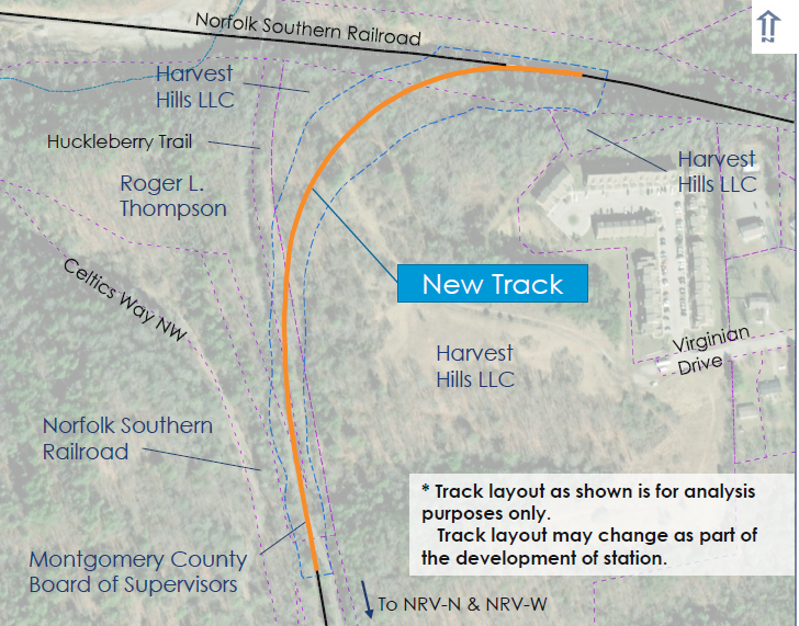 both sites near the Uptown Christiansburg mall required building a new spur to the track purchased by the state of Virginia