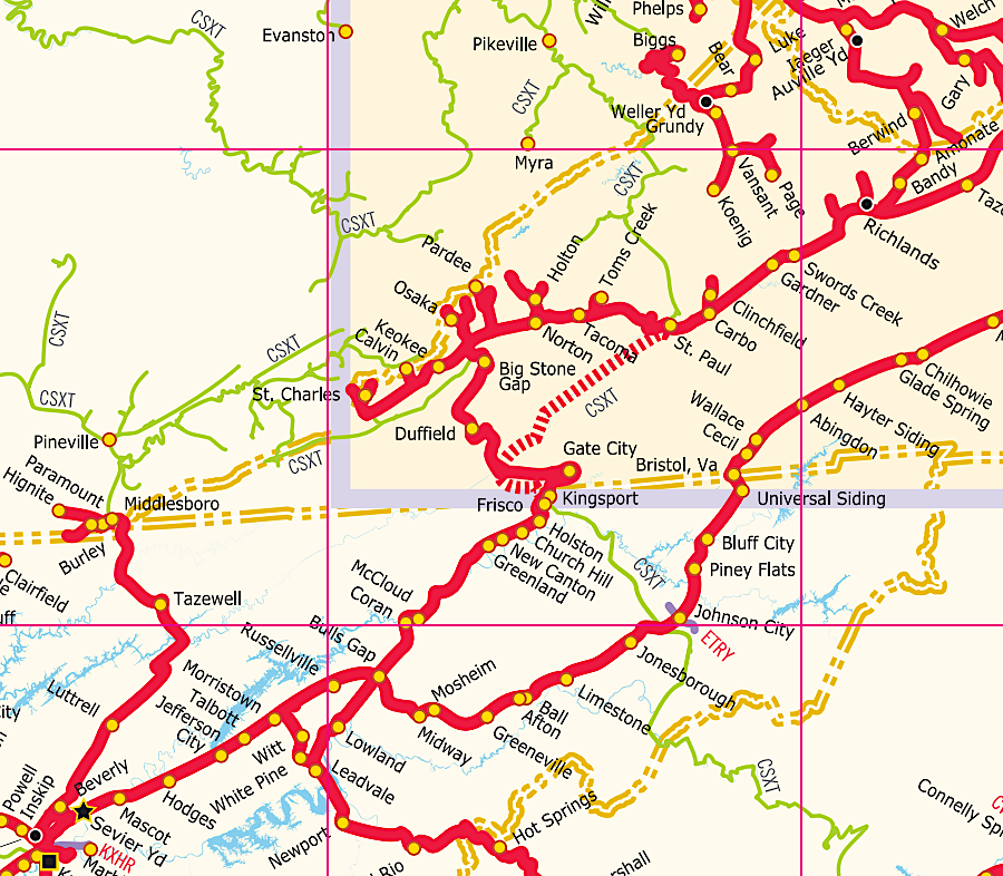 the Norfolk Southern has trackage rights over the old Clinchfield route between St. Paul-Frisco (red dashed line)