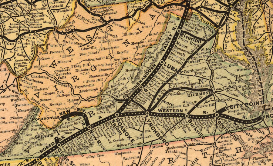 in 1882, the Norfolk and Western (N&W) railroad crossed Virginia east-west and north-south