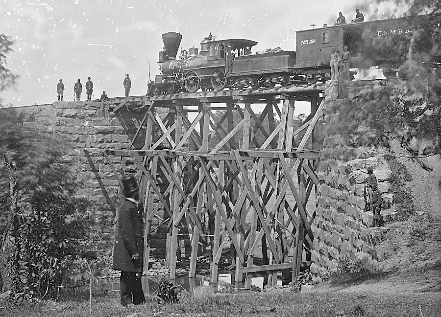the US Military Railroad rebuilt track and bridges in order to use the Orange and Alexandria Railroad to supply Union forces during the Civil War