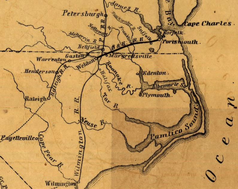 the railroad between the Chesapeake Bay and the Roanoke River was known as the Portsmouth and Weldon, Portsmouth and Roanoke, and Seaboard & Roanoke prior to the Civil War