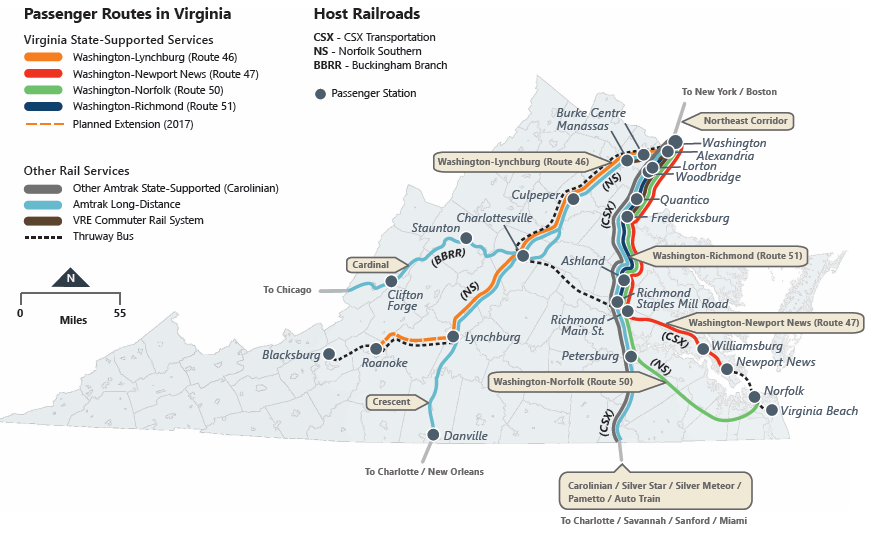 passenger rail service now links Roanoke and Norfolk to Washington DC, but east-west travel requires using a bus