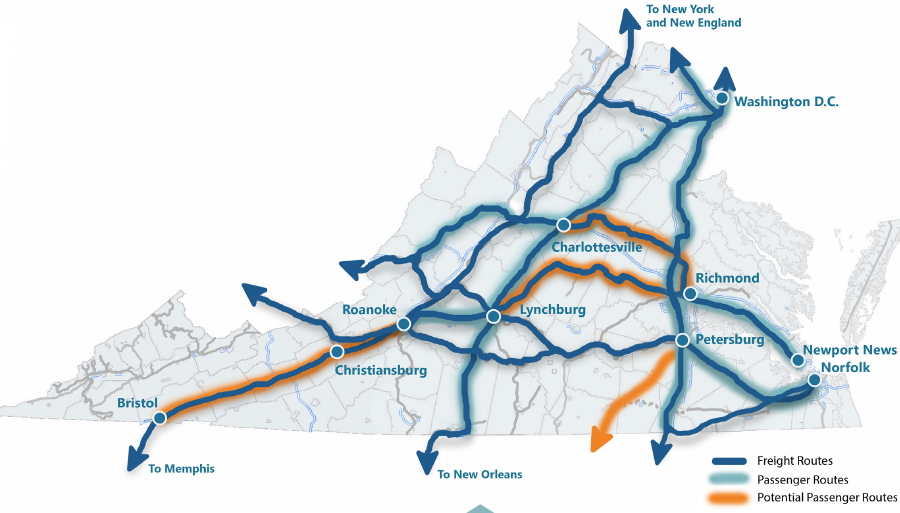after Christiansburg/Blacksburg, passenger rail extensions were planned to Bristol, Raleigh (NC), and creation of east-west routes from Richmond