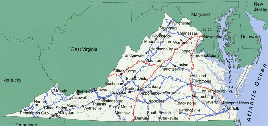 in the year 2000, Amtrak lines (in red) provided passenger rail service to only a small percentage of Virginia's cities compared to freight rail (both red and blue)