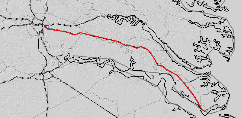 route of C&O (now CSX) railroad from Richmond to Newport News
