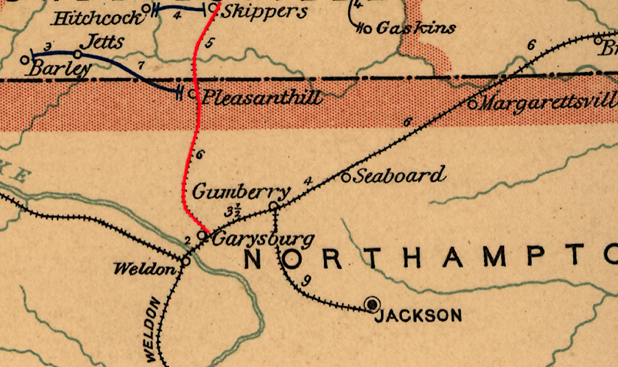 after the Civil War and until 1912, the Petersburg Railroad (red) used the Seaboard & Roanoke bridge over the Roanoke River