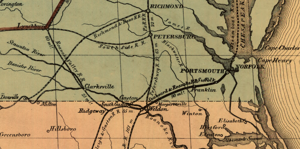 in 1851, only the Portsmouth and Roanoke Railroad connected the Roanoke River trade to Portsmouth