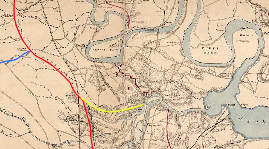 the Richmond and Petersburg Railroad (red) connected with the Clover Hill Railroad (blue) at Chester, and had a branch (yellow) to Port Walthall