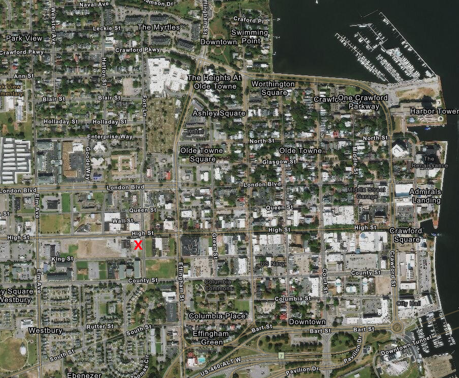 the first Portsmouth and Roanoke Railroad terminal was at Chestnut and High Street (red X)
