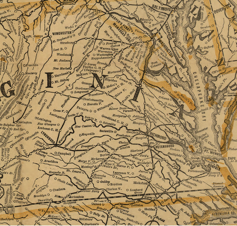 investors built rail lines to connect agricultural regions in the Piedmont and valleys west of the Blue Ridge to port cities in Virginia, so during the Civil War there were few north-south rail lines for the Union army to support armies marching to Richmond