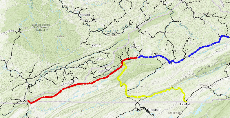 the Louisville and Nashville (red), South Atlantic and Ohio (yellow) and Norfolk and Western Railroad (blue) built the first rail lines into Wise County