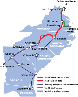 Southeast High Speed Rail Corridor, showing Petersburg-Norfolk as a spur line