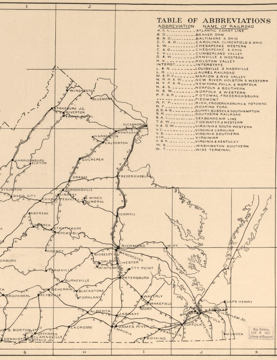 railroad network in eastern Virginia, 1910
