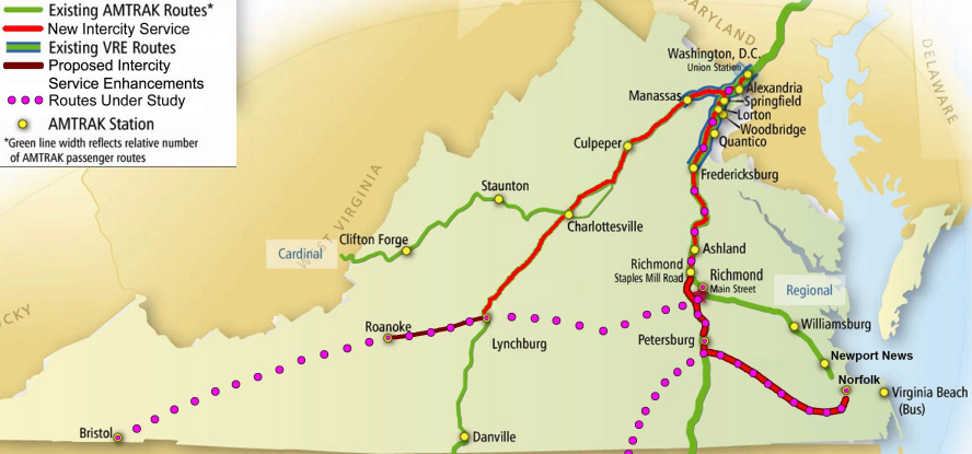 plans for passenger rail service in Virginia include potential expansion to Bristol, plus high-speed rail from the Potomac River to the North Carolina border