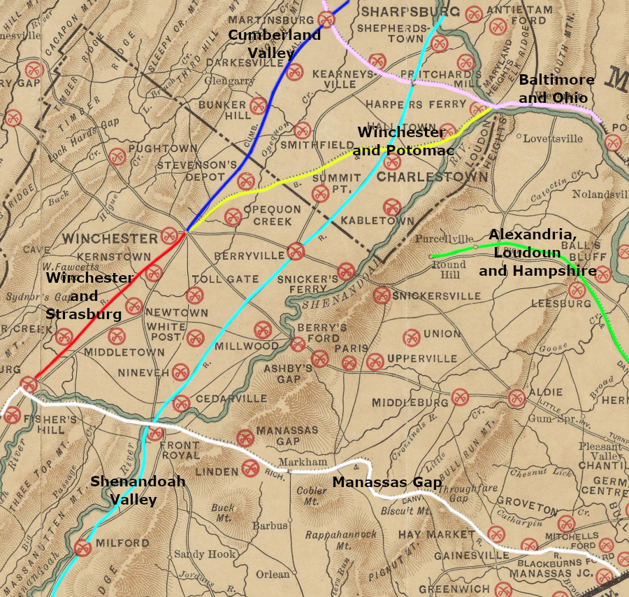 original names of railroads in the lower Shenandoah Valley  in 1891