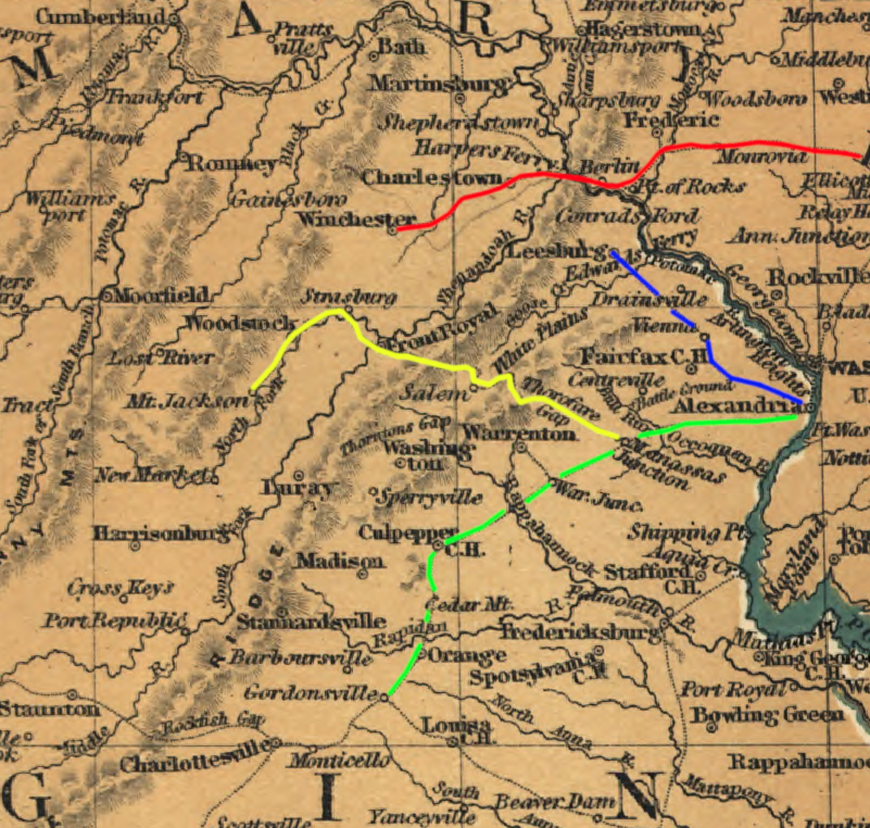 Winchester got a rail connection to Baltimore (red), while much of Northern Virginia could only ship to Alexandria