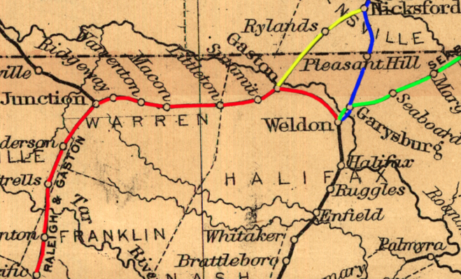 extension of the Raleigh and Gaston Railroad (red) to Weldon in 1853, with a connection to the Seaboard and Roanoke Railroad (green), created an alternative to the Greensville & Roanoke Railroad (yellow) and the Petersburg Railroad (blue)