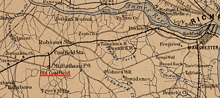 the Richmond and Danville Railroad reached the Chesterfiekd County coal mines in 1850, and built a spur to the mines in 1854