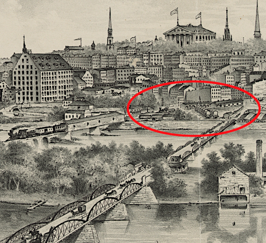 the Richmond and Danville Railroad passenger station and Mayo's Bridge in Richmond, in 1876