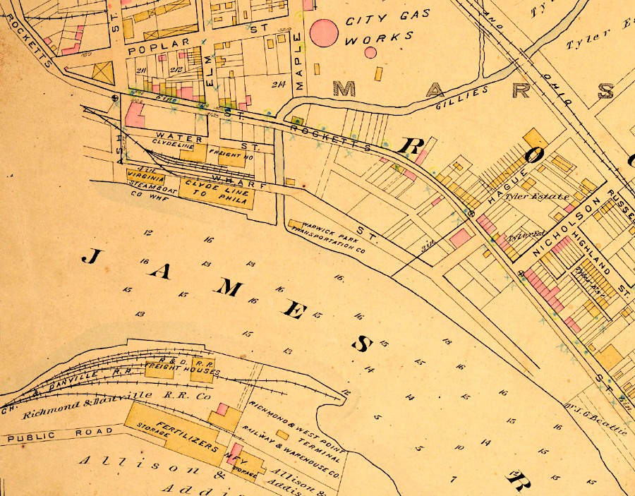 the Richmond and Danville Railroad freight docks were on the south bank of the James River, opposite Gillies Creek