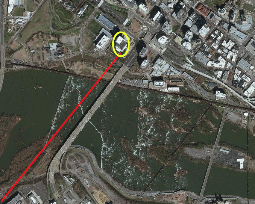 the Richmond and Petersburg Railroad (red line) stopped at the Byrd Street station in Richmond, now the site of the Federal Reserve Bank (yellow)