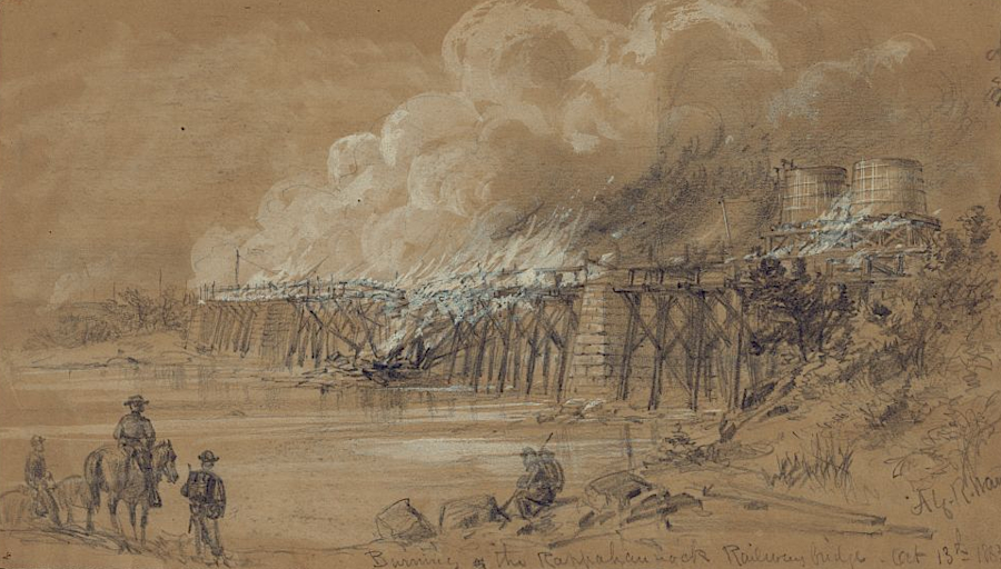the Richmond, Fredericksburg and Potomac Railroad bridge over the Rappahannock River was burnt again in 1863