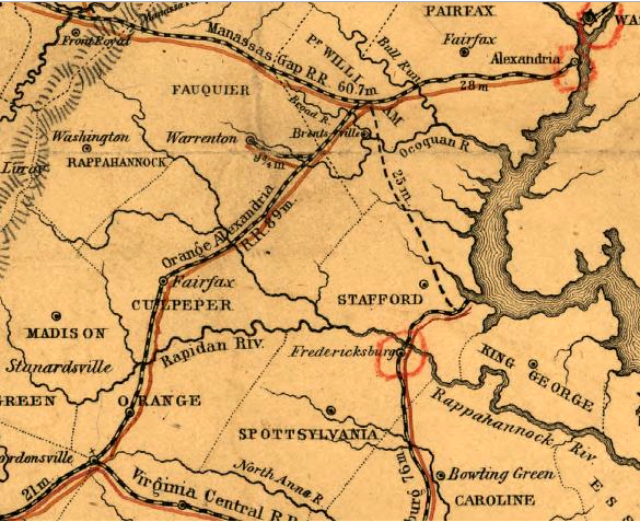 railroad gap in 1852 - no direct link between Fredericksburg/Alexandria before Civil War