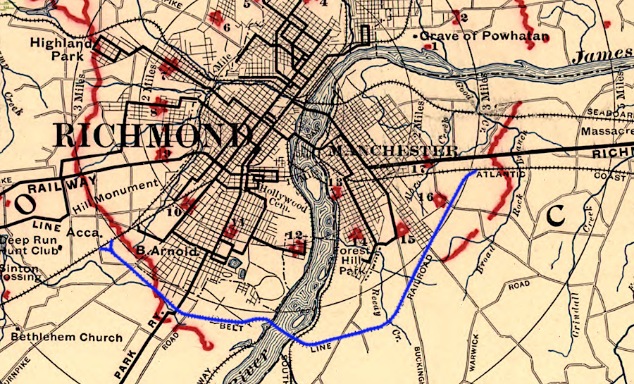 the Richmond, Fredericksburg and Potomac Railroad and the Atlantic Coast Line built a Belt Line (blue) west  of Richmond