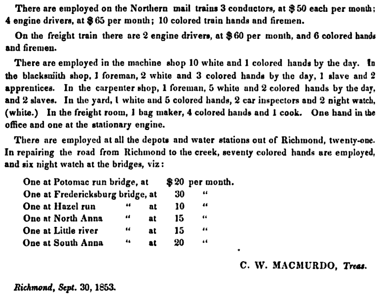 the Richmond, Fredericksburg and Potomac Railroad employed free colored and enslaved people in 1854