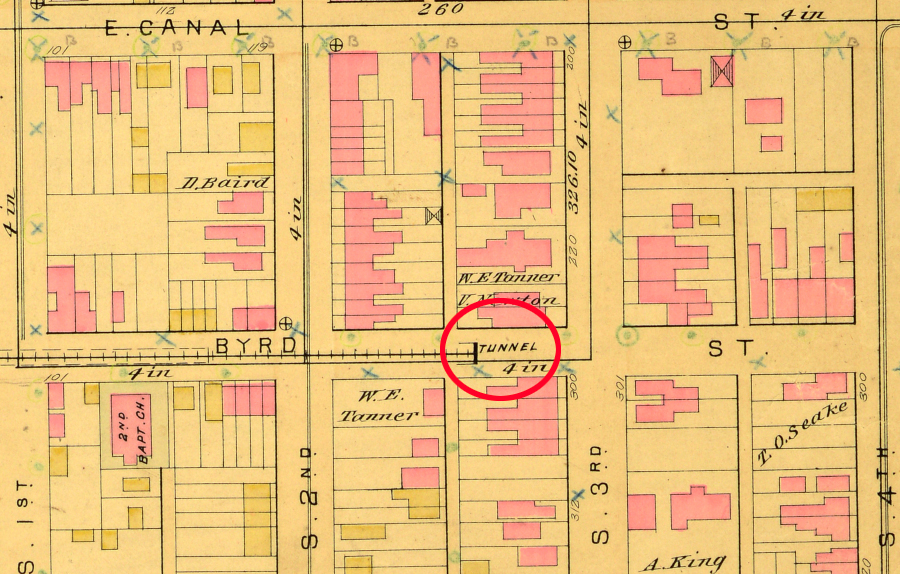 between 1867-1919, the Connection Railroad passed through a tunnel under 3rd and 4th streets